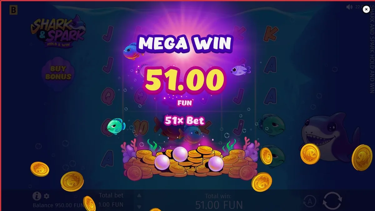 Shark & Spark Hold & Win slot game interface featuring cartoon sharks and underwater theme.