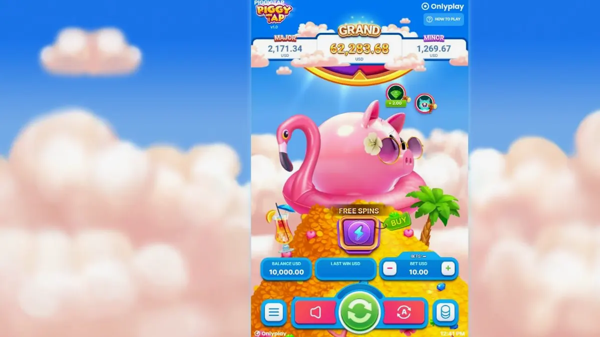 Piggy Tap slot game visual interface featuring a pink piggy on a floaty